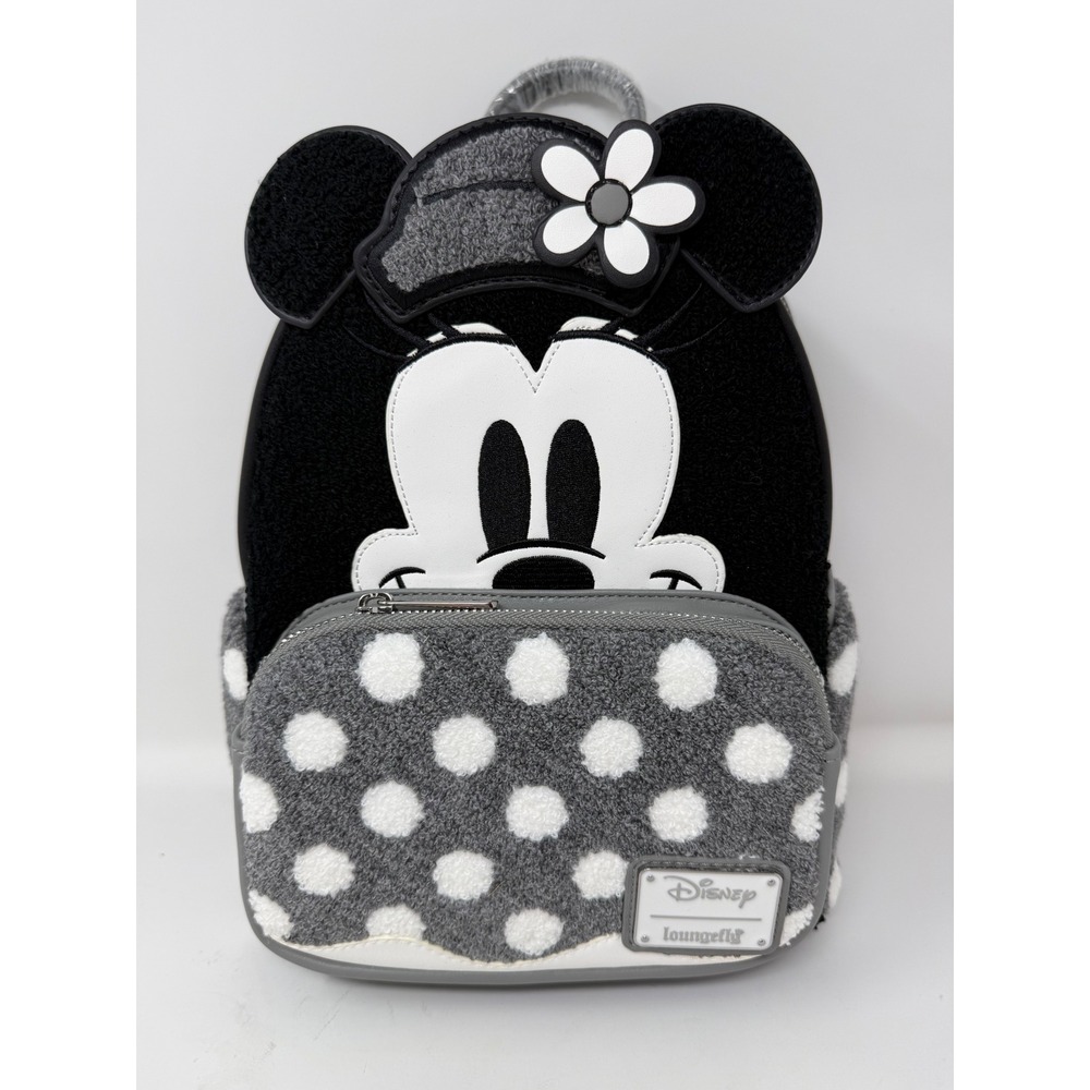 Loungefly Disney‎ Minnie Mouse Vintage Polka Dot Sherpa Mini Backpack Black Grey